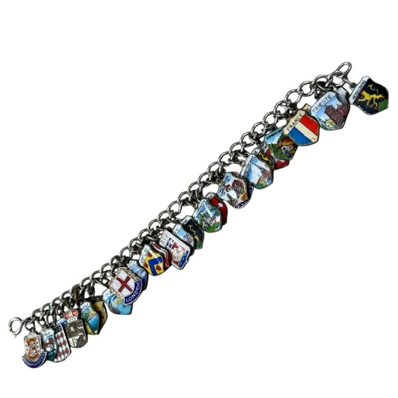 Vintage Silver Enamel Travel Shield Souvenir Charm Bracelet - 28 Charms - Picture 7 of 7